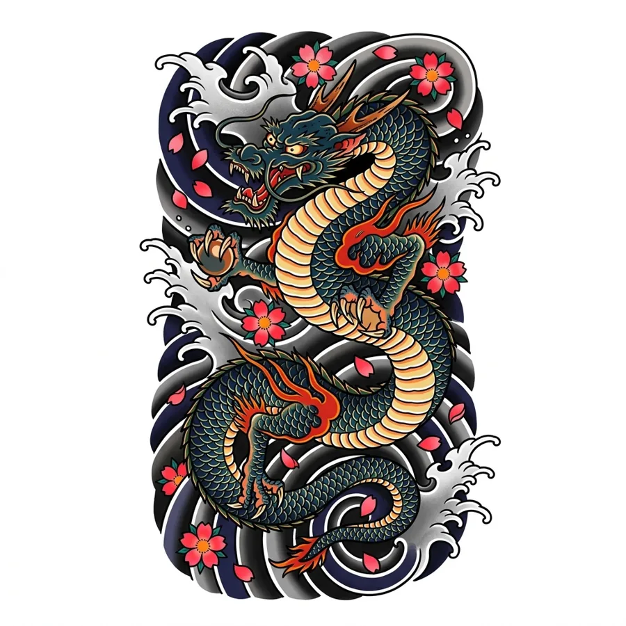 Japanese dragon tattoo design with waves and cherry blossoms