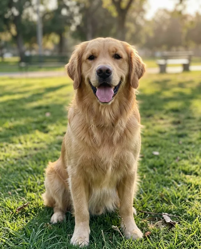 Golden retriever sitting on grass, the source of the example