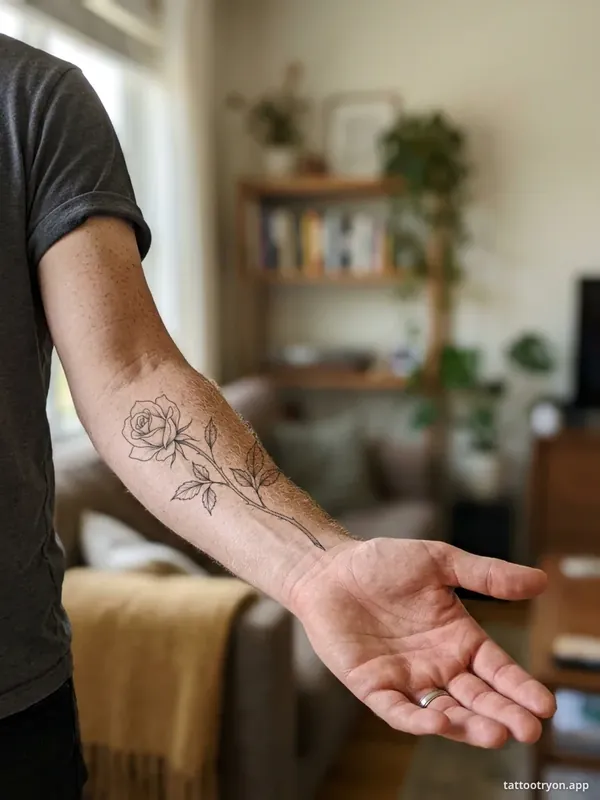 Rose design placed on a forearm in the free tattoo simulator preview