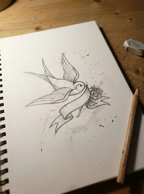 Pencil swallow tattoo sketch photographed on a desk
